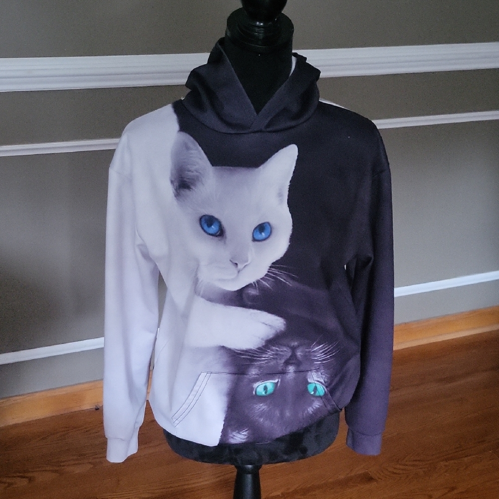 Cat Print Hoodie - Black and White Size Small